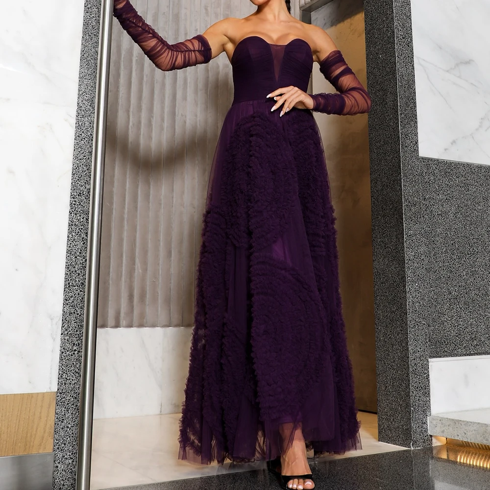 

Customized A-line Evening Dresses Floor-length Strapless Full Sleeve Prom Gown Simple Fashion Draped Backless Casual Party Gown