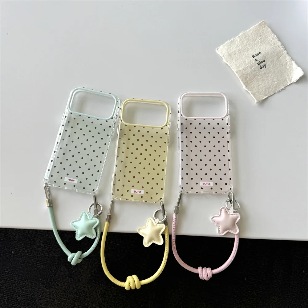 Korean Style Minimalist Polka Dot With Bead Heart Pendant Shock Proof Phone Cover Case for iPhone 17 16 15 Pro Max Shell Cover
