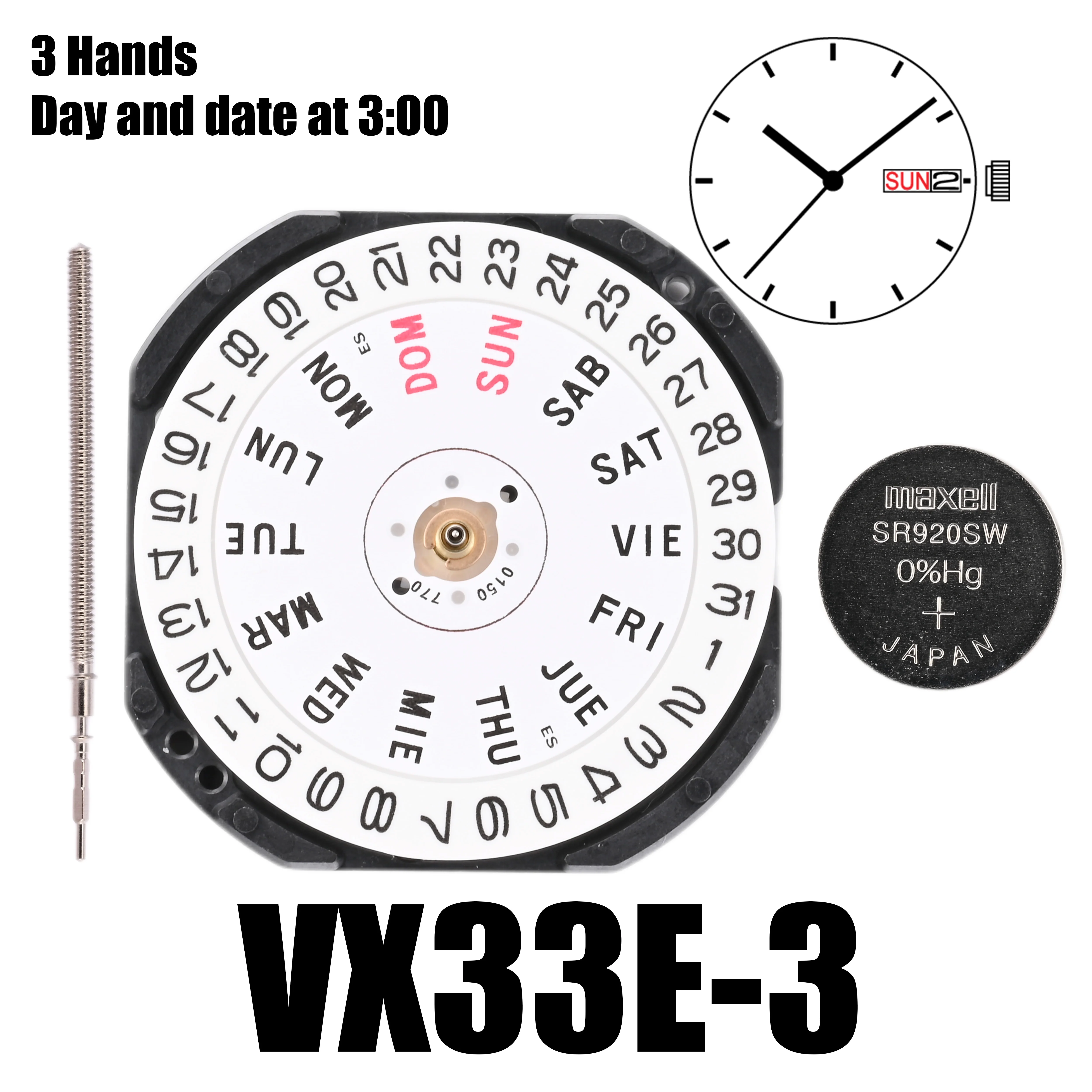 

VX33 Movement Japan Genuine Epson VX33 Movement VX Calendar Series VX33E Movement Size:10 1/2'''3 Hands/Day/Date Display At 3:00