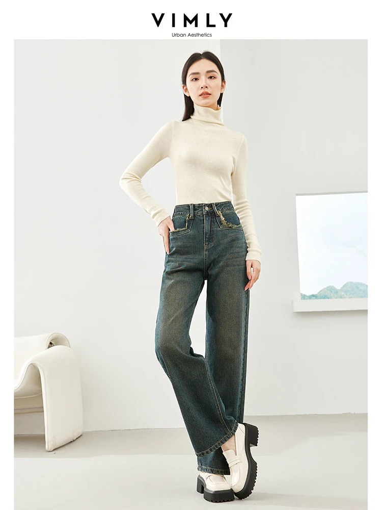 Vimly Vintage Cotton High Waist Denim Pant Woman Straight Loose Casual Trousers 2023 Winter Thick Warm Baggy Jeans Female 72676