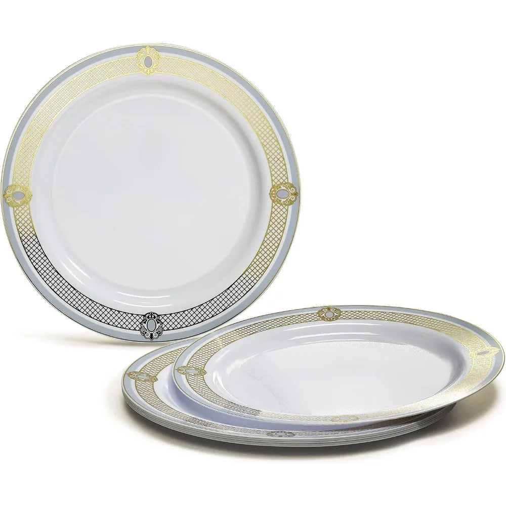 240 Disposable Plates Set White Blue Gold for 120 Guests Party Dinnerware