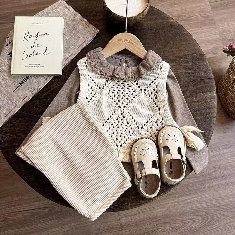 Bellbell Herbst-Strickpullover-Set für Mädchen, 3-teilig, 2-8 Jahre, Unterhemd + Strickweste + Hose, Outfit für Kleinkinder und Babys – Detail 2