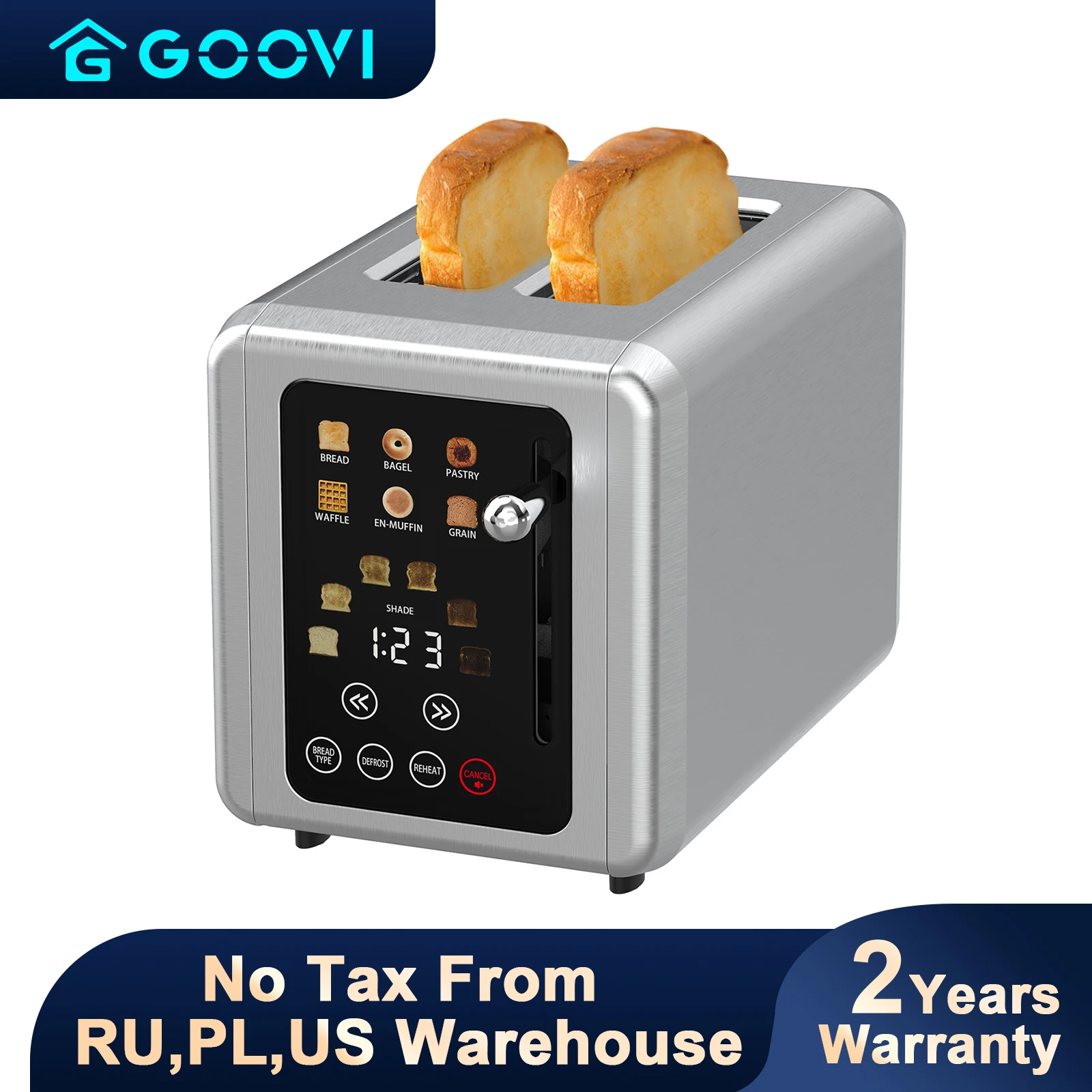 GOOVI EU Stainless Steel Two Slice Toaster Touch Screen Home Automatic Bread Toaster For Breakfast Machine 6 Browning Levels