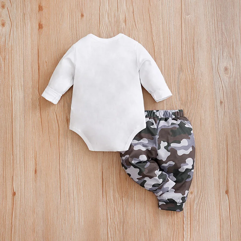 Newborn Baby boy Spring and Autumn Round Neck Gentleman's bow tie camouflage print long sleeve with pants fashion set