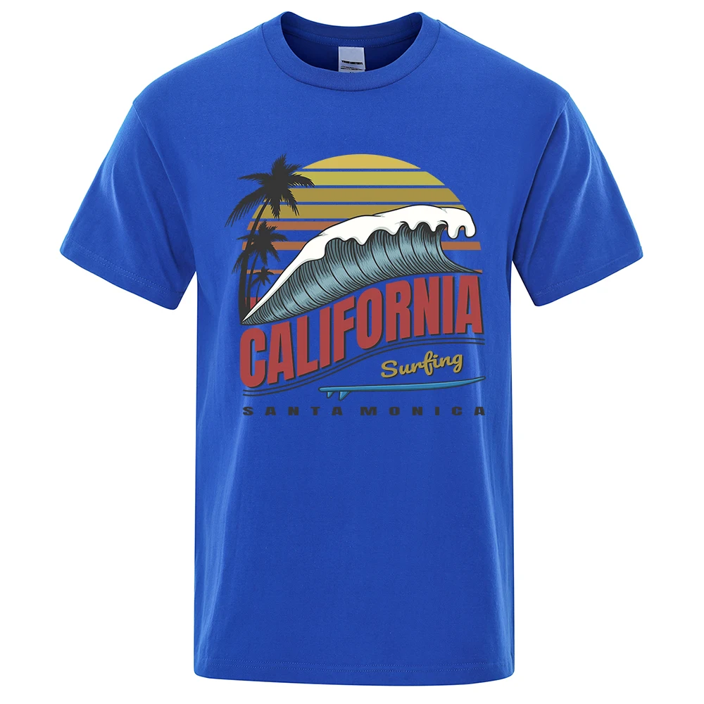 California Surfing Santa Monica Beach Printed Clothes Men Breathable Oversize T-Shirt Summer Cotton Tee Clothes Crewneck T-Shirt