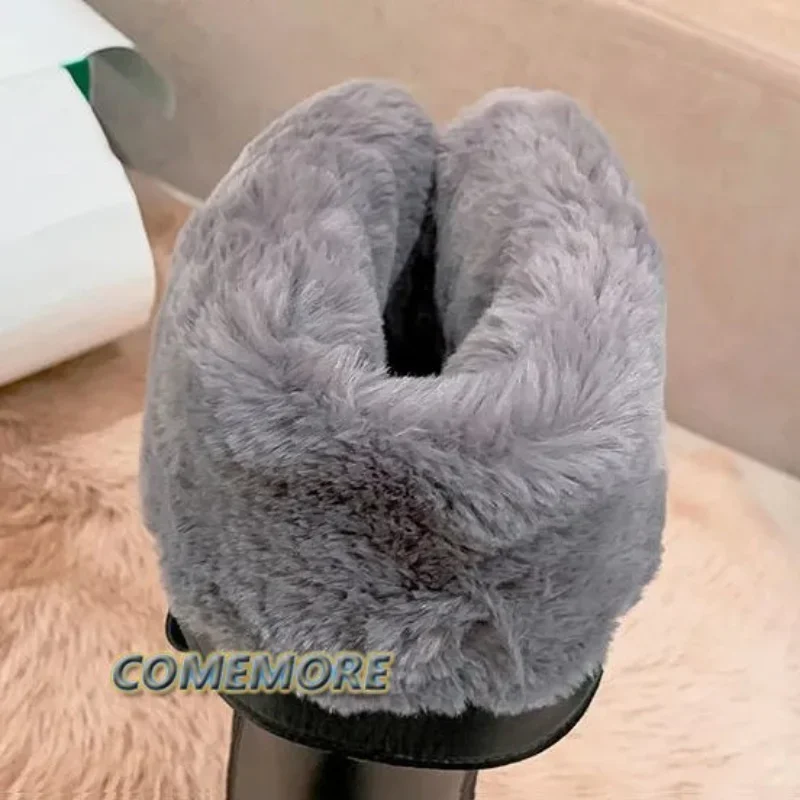 Lady Fur Boots Women\'s Winter Shoes Chelsea Boots Black Leather Boots Plush Warm Platform Chunky Footwear Fashion Designer Botas