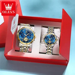 OLEVS Luxury Brand Quartz Couple Watch Waterproof Luminous Lunar Phase Timing Code Watch Lover Date Clock His or Her Watch Set