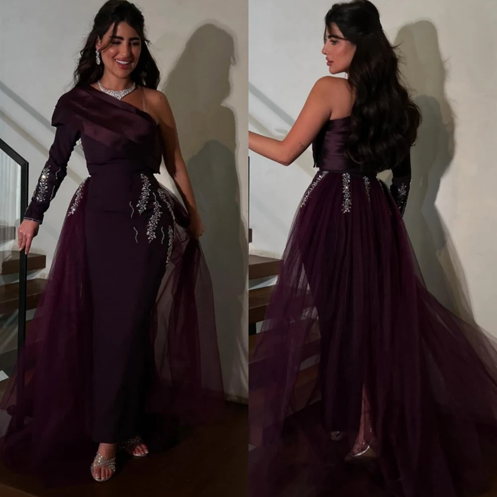 Customized Exquisite Jersey Evening Dress Delicate One Shoulder Prom Dresses Temperament Long Sleeves Special Occasion Gowns