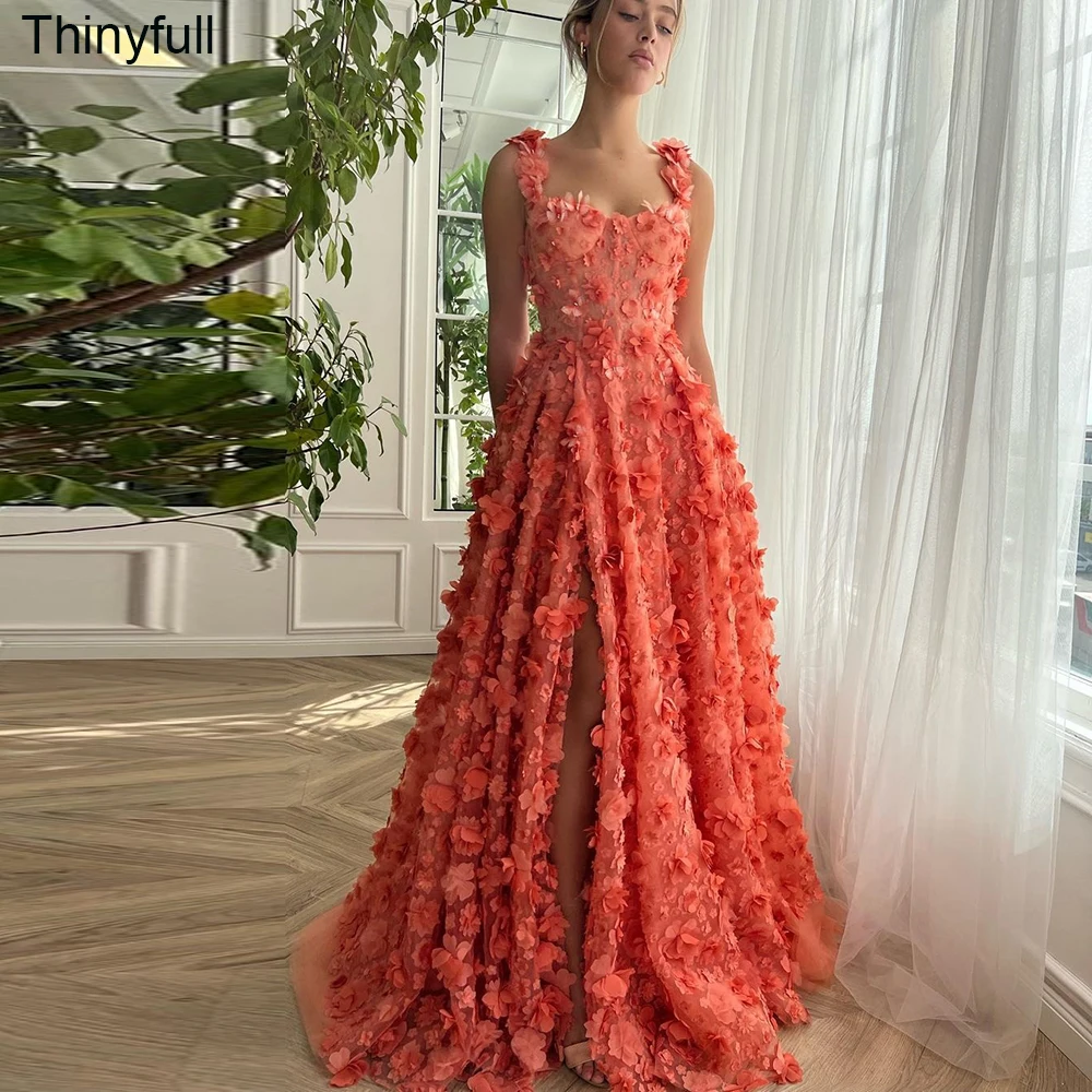 

Thinyfull A-line Prom Dress Spaghetti Strap Sleeveless Evening Party Dress Appliques Split Formal Occasion Gown Robe De Soirée
