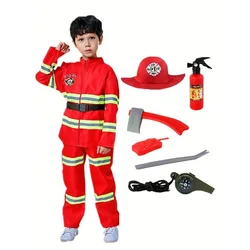 Boy Professional Fire Fighter Clothing with Accessories Set Realistic Fireman Uniform Jacket Pants Outfit with Reflective Stripe