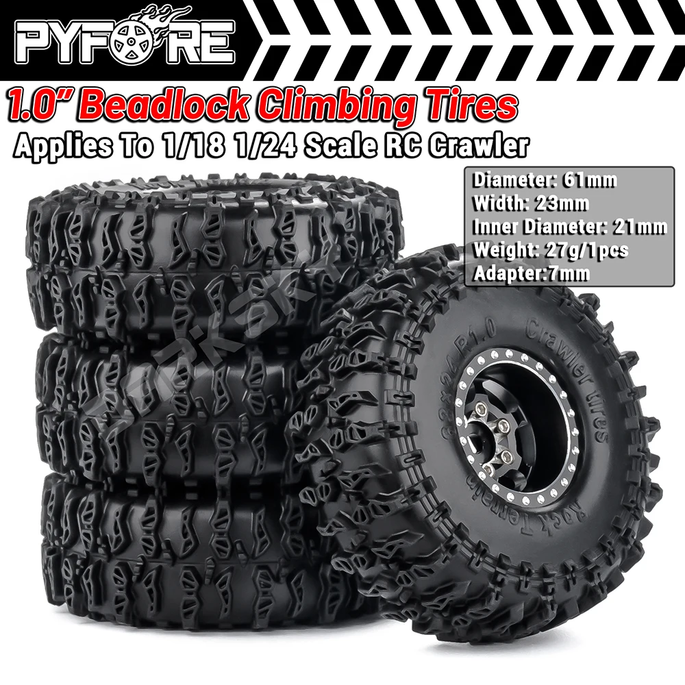 

PYFORE 1.0‘’ Beadlock Climbing Tires Metal Wheel Rim Hub 61x23mm Adapter 7mm for 1/18 1/16 RC Car Crawler Accessories
