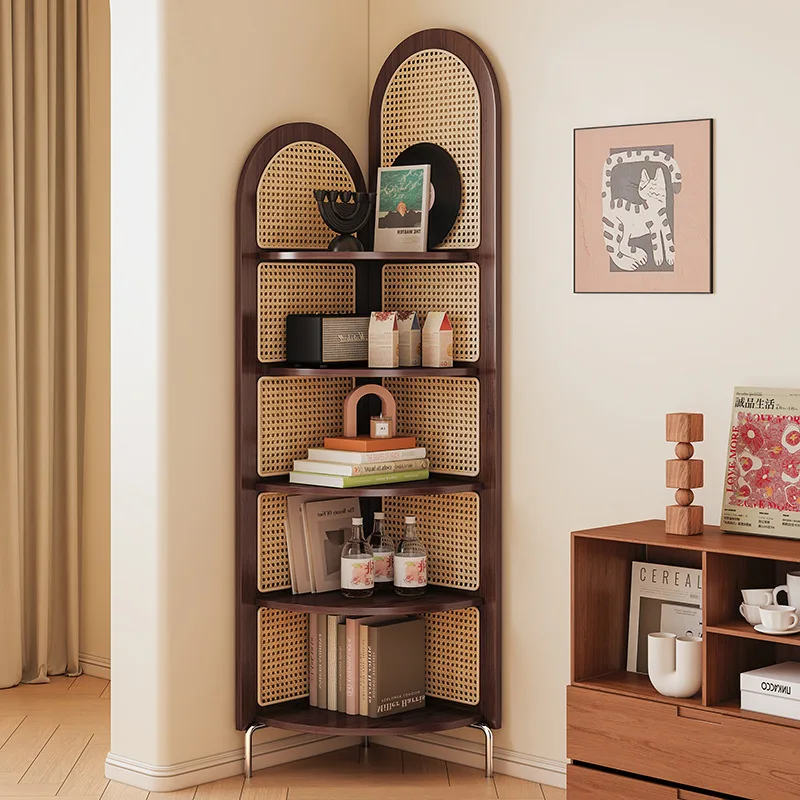 Factory Direct 2026 Chinese retro rattan corner cabinet rack, living room multi-layer corner ornament, bedroom solid wood screen