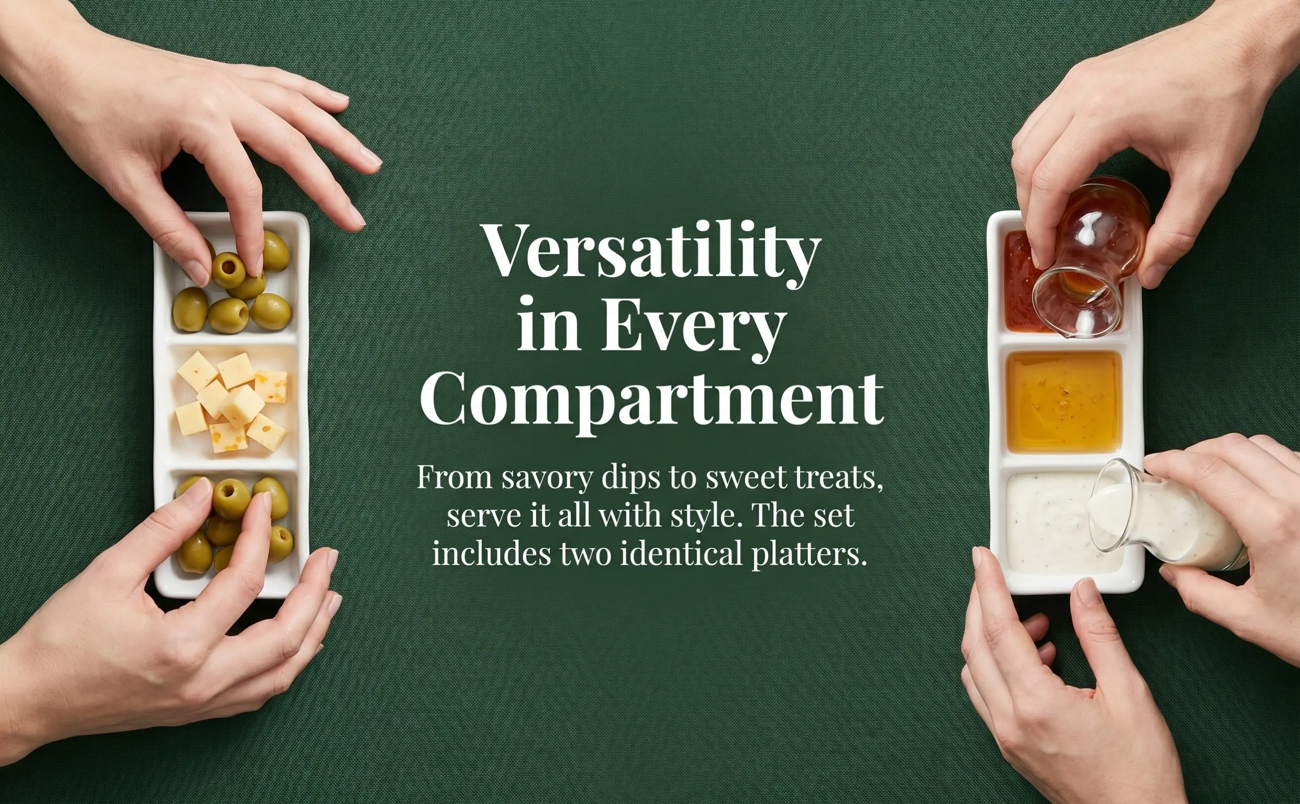 2Pcs Ceramic Rectangular Three Compartment Serving Tray Appetizer Dish Sauce Dip Spice Dish Tray for Everyday Use Party Settings