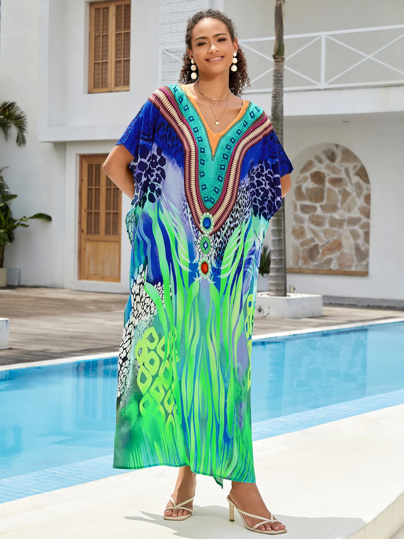 Women V Neck Kaftan Maxi Dress - đánh giá và giá Cover Up Kaftan