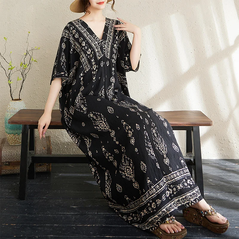 Vestido de Mujer de Talla ande, Estilo Original de Alta Gama, Manga Corta, Cuello en V, Lino de Aodón Fino Estampado, Hol...