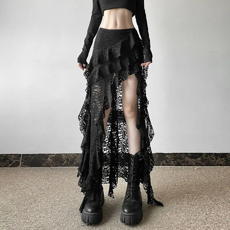 

Punk Skirt Women Dark Goth Girl Style Asymmetrical Hem Ruffled Lace High Waist