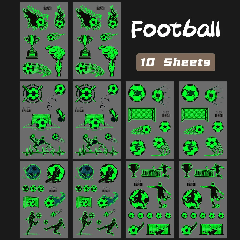 10 Blatt Fußball-Tattoos, Fußball, leuchtende temporäre Tattoos, die im Dunkeln leuchten, Fußball-Fußball-Fans, Party-Geschenk-Dekorationen – Detail 5