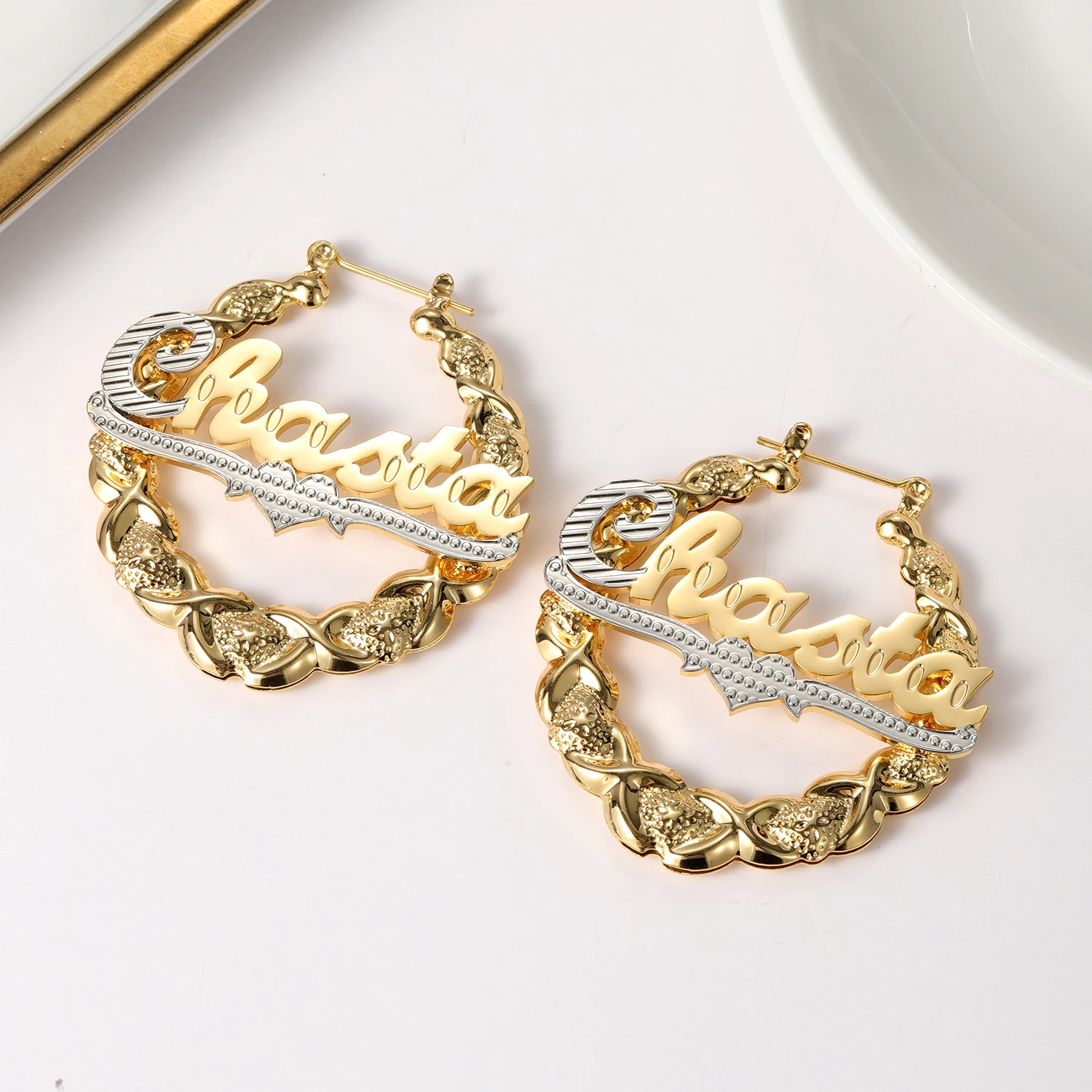 Qitian XOXO Hoop Name Earrings Custom Heart Names Earring Bamboo Earrings Nameplate Personalized XO Earrings For Women Gifts