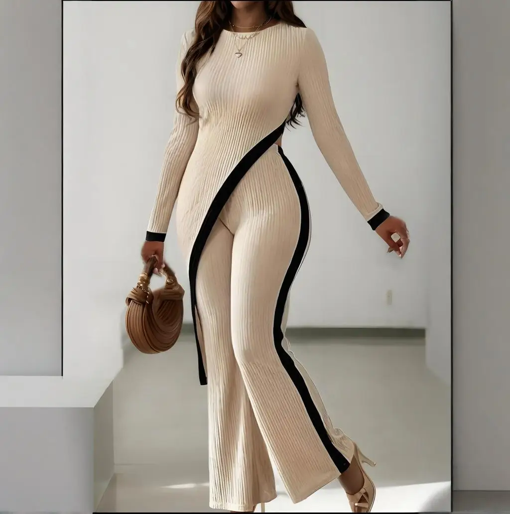

2025 New Women's Round Neck Patchwork Color Slim Fit Long Sleeved Loose Casual Suit