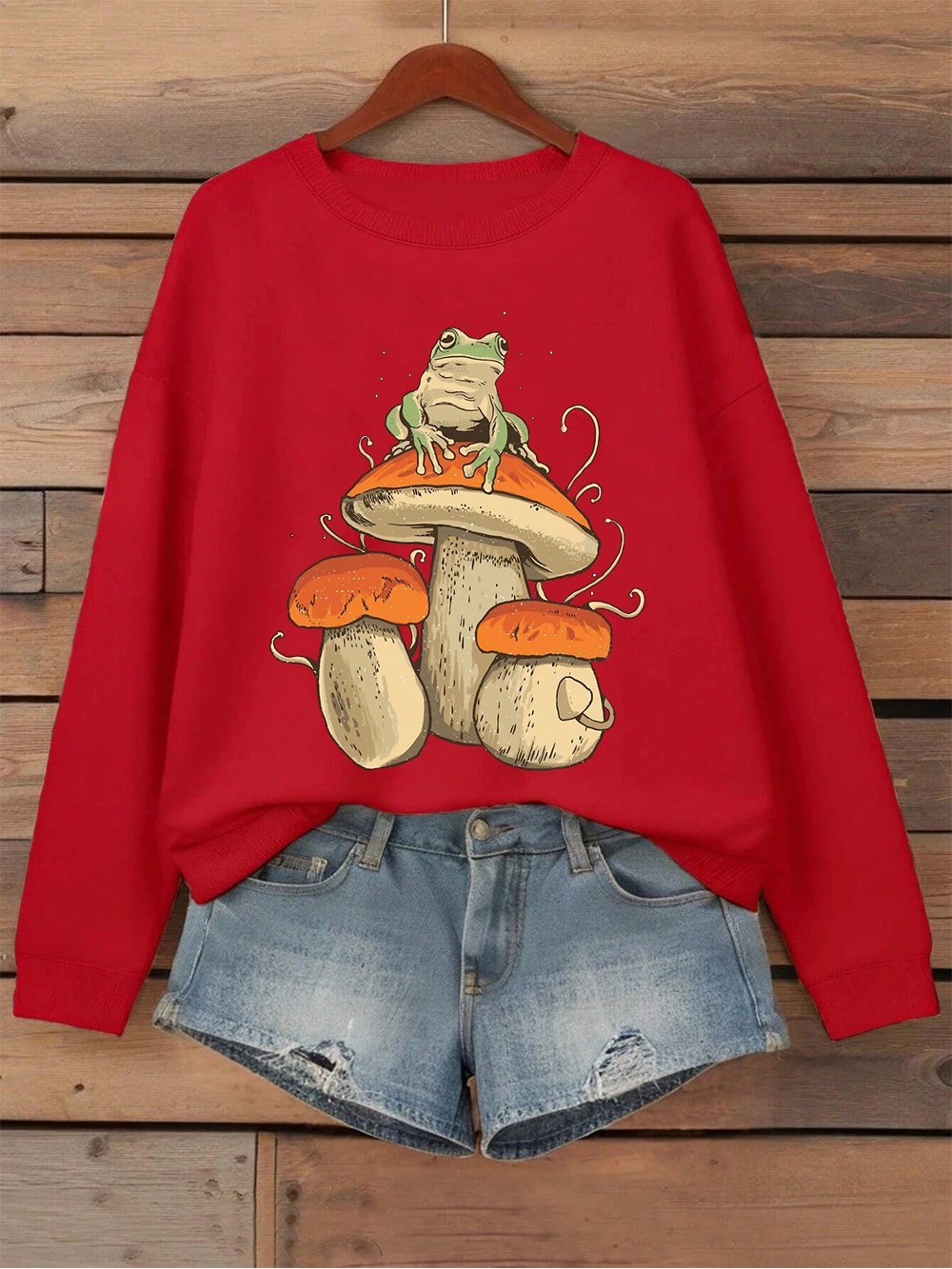 キノコダークアカデミアカエルプリントスウェットシャツレディースフリース暖かいルーズパーカーベーシッククルーネックプルオーバー冬スポーティな服
