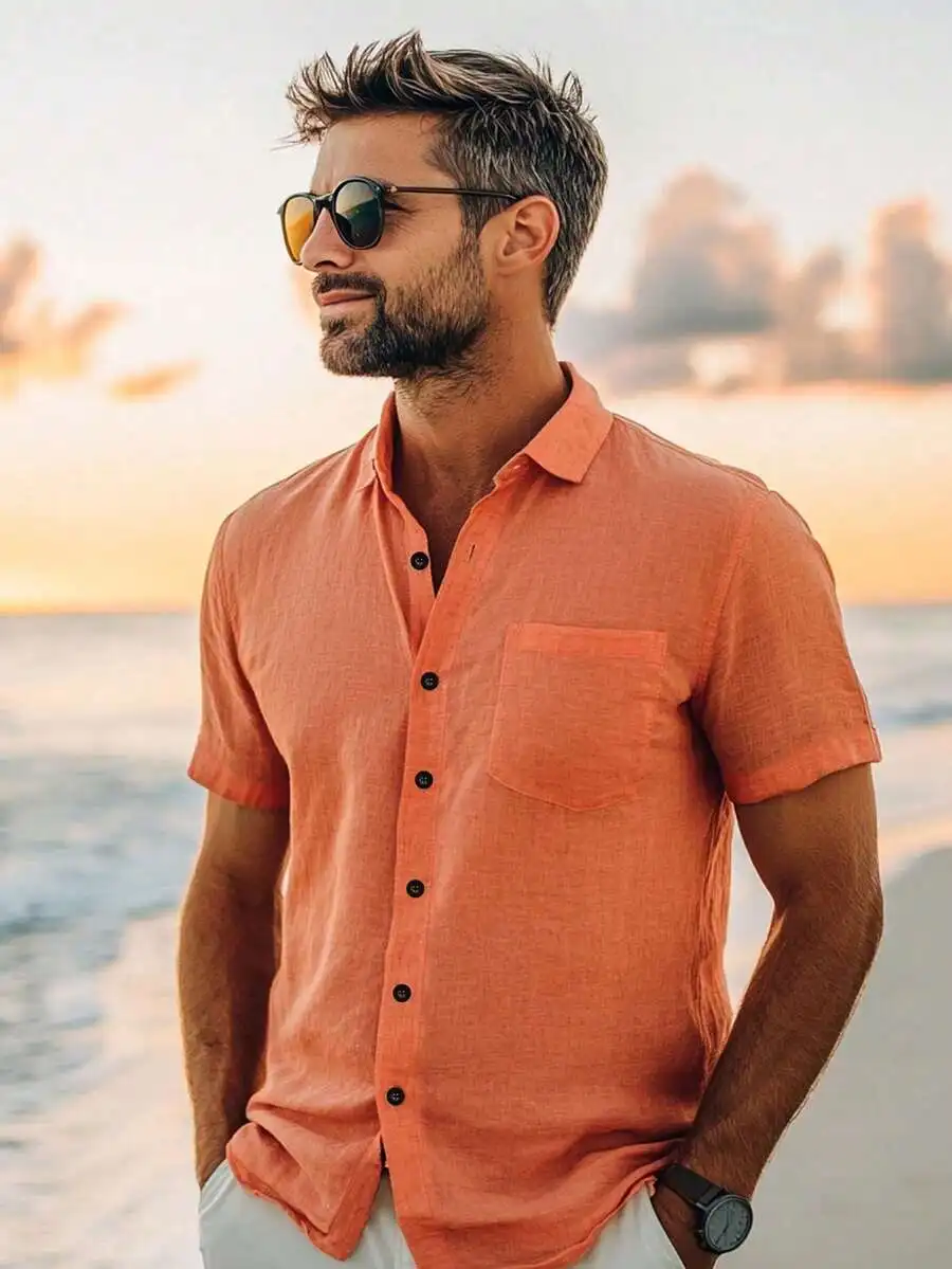 

Men's Solid Orange Linen Short Sleeve Casual Shirt for Beach & Outdoor
