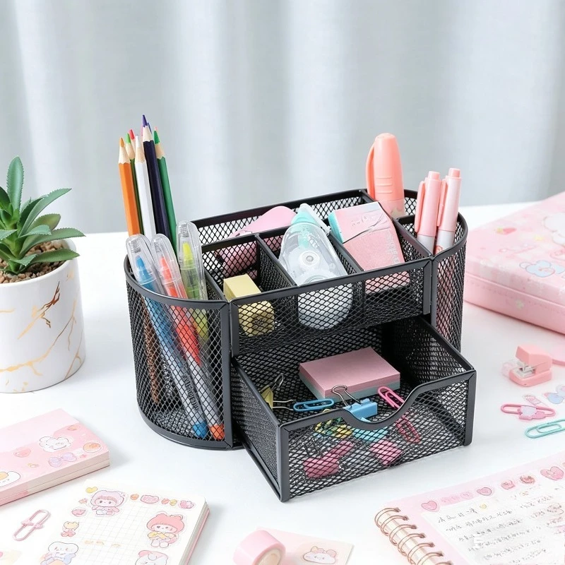 Metal Mesh Pen Holder Nine Grid Iron Storage Box Creative Stationery Organizer For Student Desktop Office Desk Arrangement