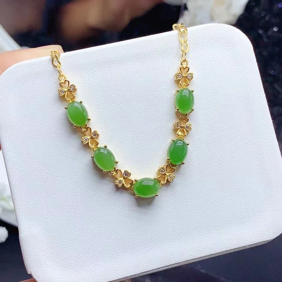 Natural Chinese Green Jade 925 Silver Bracelet for Party 6mm*8mm Total 5ct Jade Bracelet with 18K Gold Plating