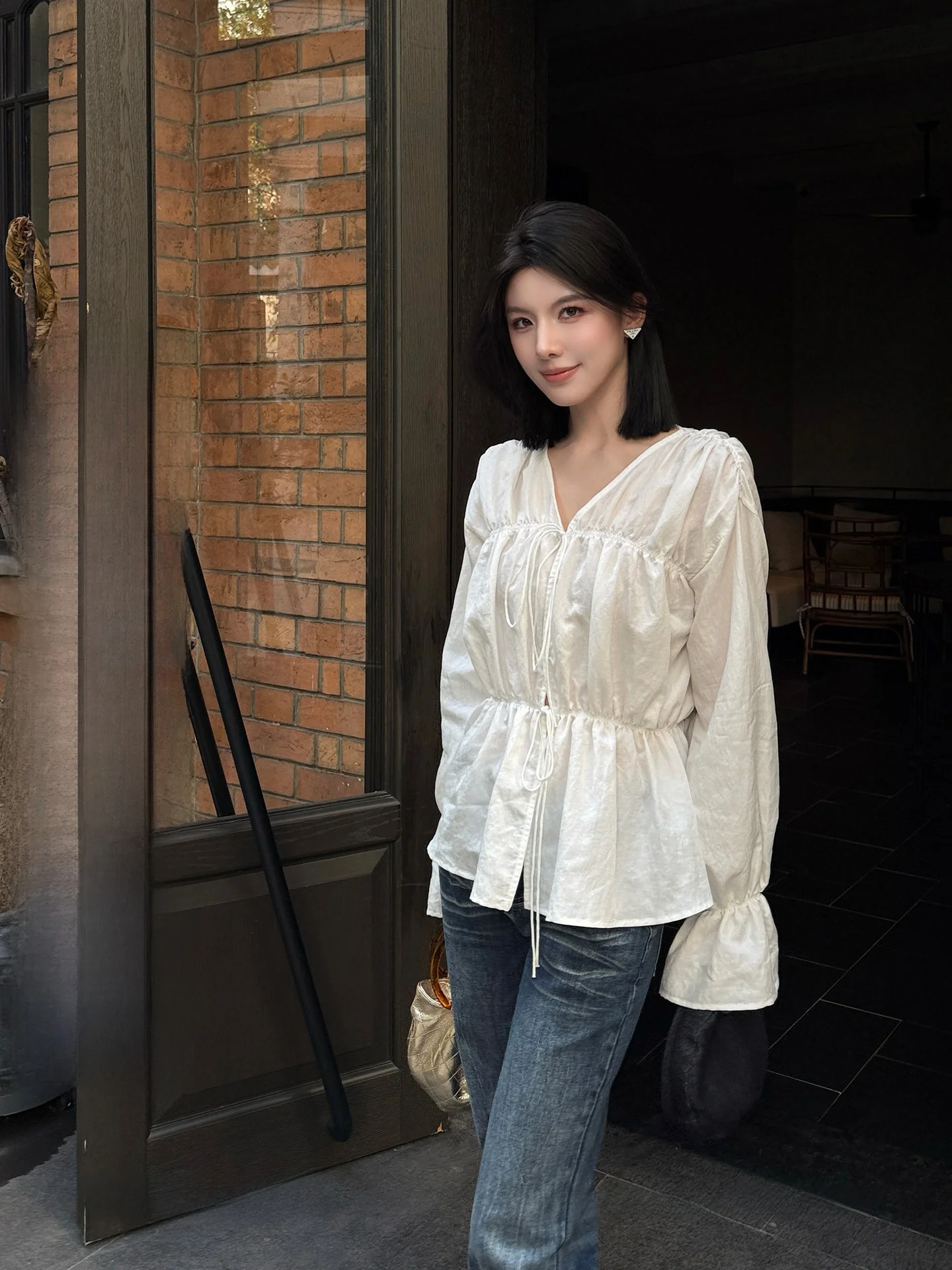 

Limited Time Offer Waist-Cinching irt Date Night Guide Design Loose Fit Long Sve V-Ne Polyester Rayon Blend Women's irt