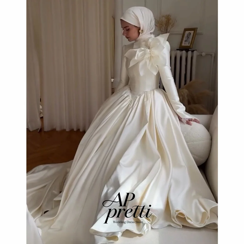 AP Pretti Classic Satin Wedding Dress Handmade Flower High Neck Customized Full Sleeve Floor-Length Bridal Gown Saudi Arabia
