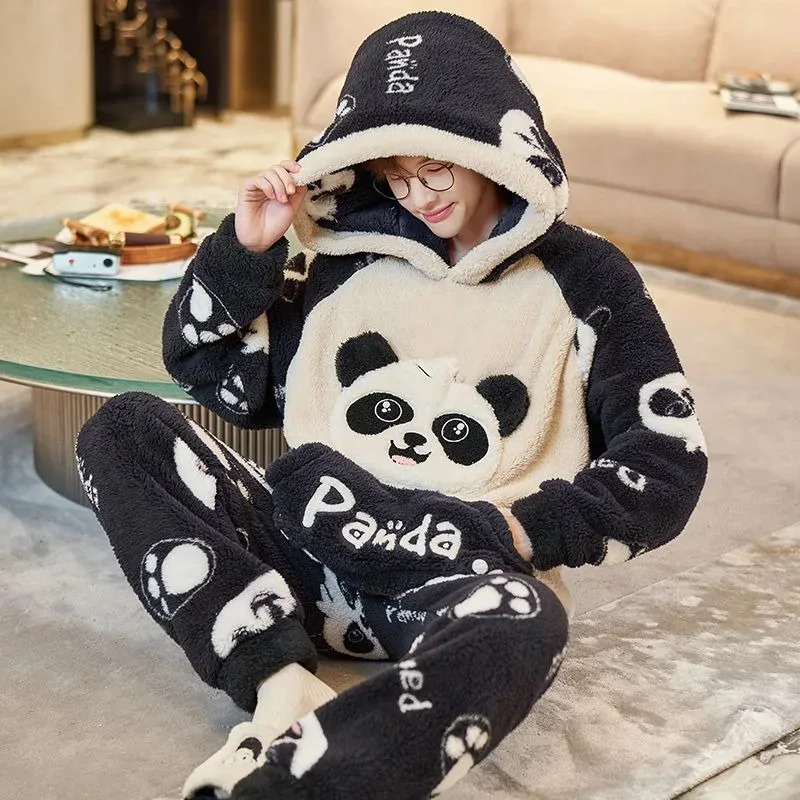 ชุดนอนใหม่ฤดูหนาว Plush Hooded Loungewear แขนยาว Flannel ชายเบาะปะการังกํามะหยี่ชุดเสื้อผ้าชุดชุดนอน