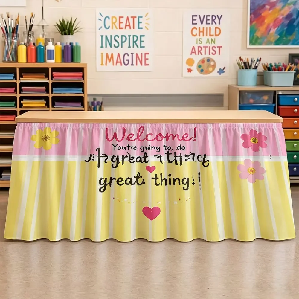 One floral and striped pattern tablecloth, with colorful decorations. A festive gift for classroom party tablecloths.