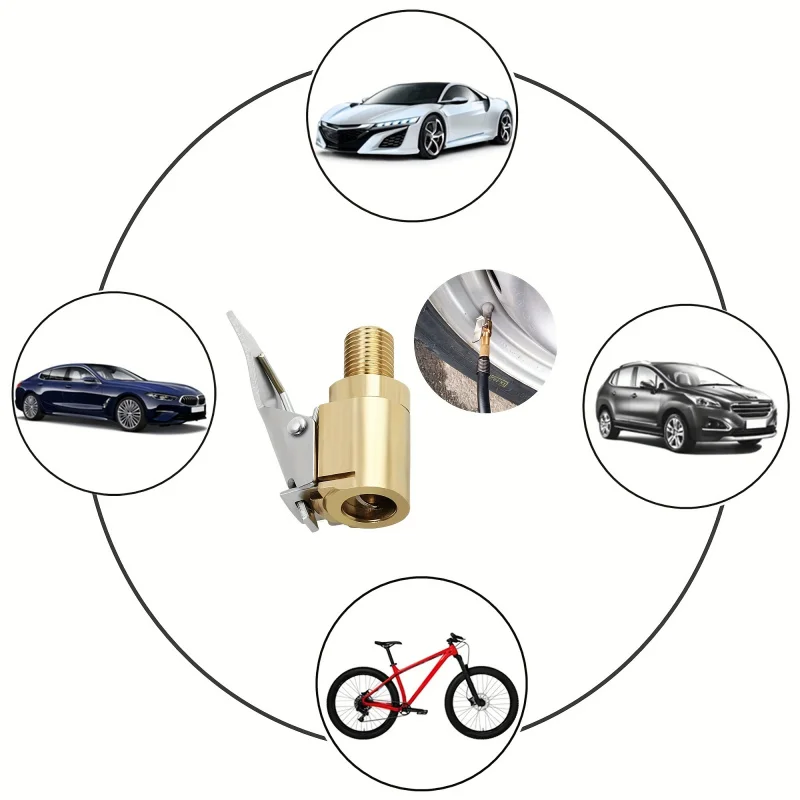 Adattatore Universale in Ottone con Clip di Bloccaggio per Gonfiaggio Rapido di Pneumatici, Grado Automobilistico, per Auto, Moto e Bici