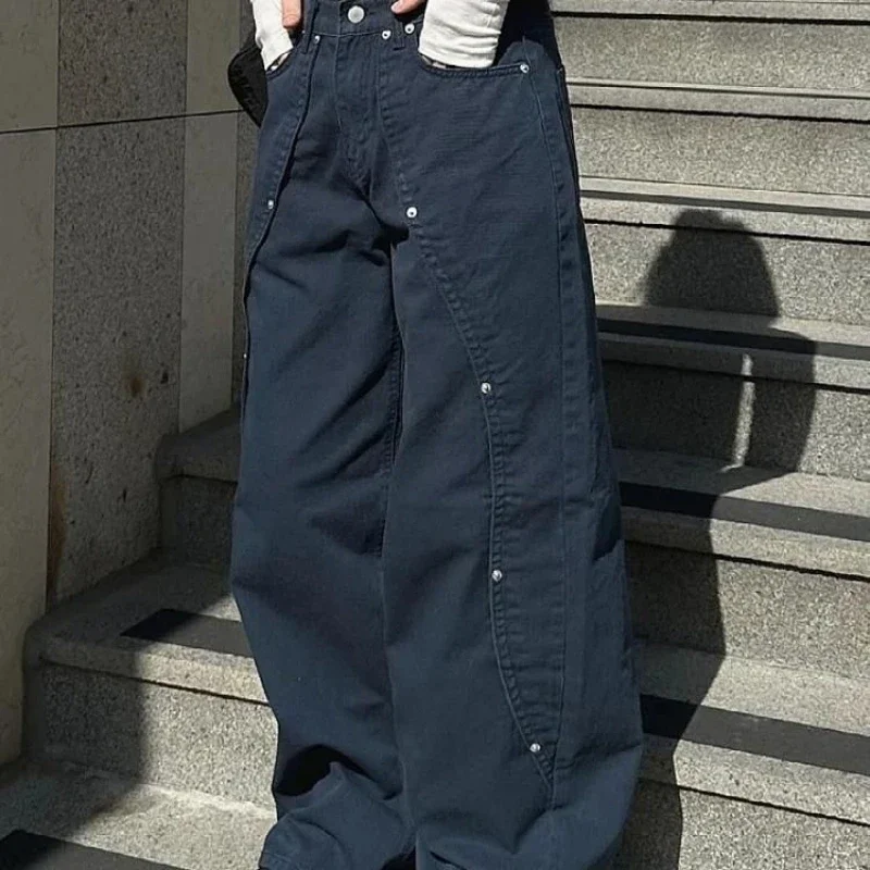 Jeans for Woman Y2k Clothes Relaxed Loose Fit Wide Leg Trousers Vintage American Retro Style with Rivet Patchwork Split Design