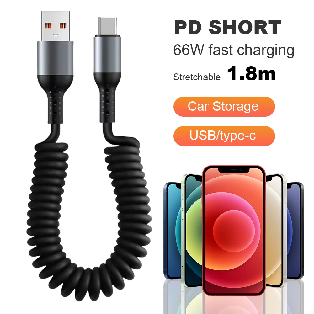 27/66W USB Type C Fast Charging Data Cord 6A Spring USB Cable USB C To Type C Cable Telescopic Fast Charging Wire Cord