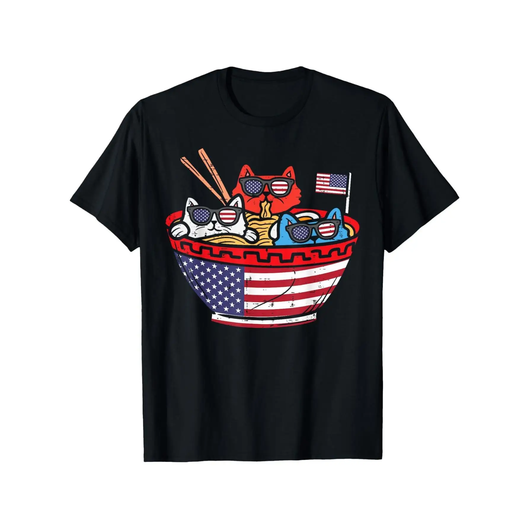 

Funny Cat T-Shirt, American Flag Ramen Cat Graphic Tee, Men's Patriotic Cat Lover Top, Humorous Veterans Day Gift