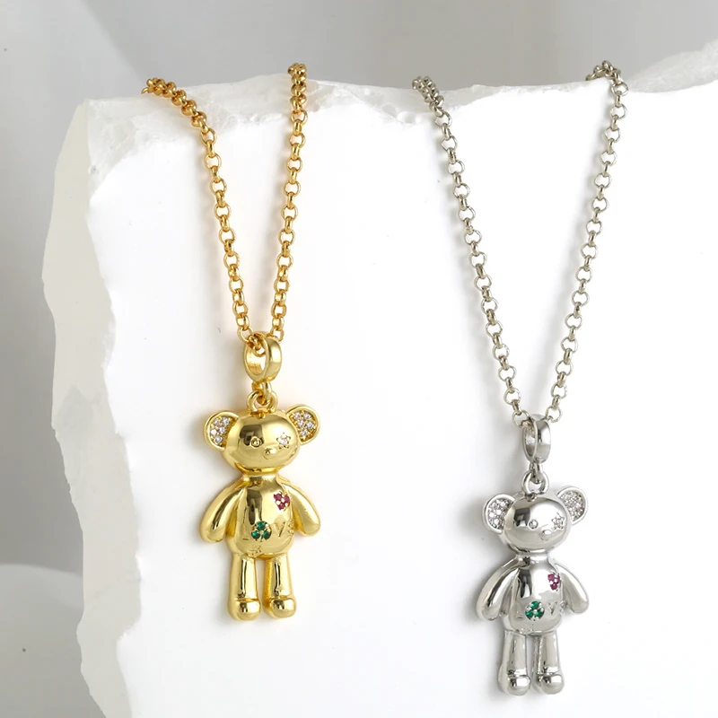 Collier avec breloques en forme d'ours tridimensionnel pour femmes, chaîne en zircone cubique, couleurs or/argent romantiques, collier pour couple : VL258