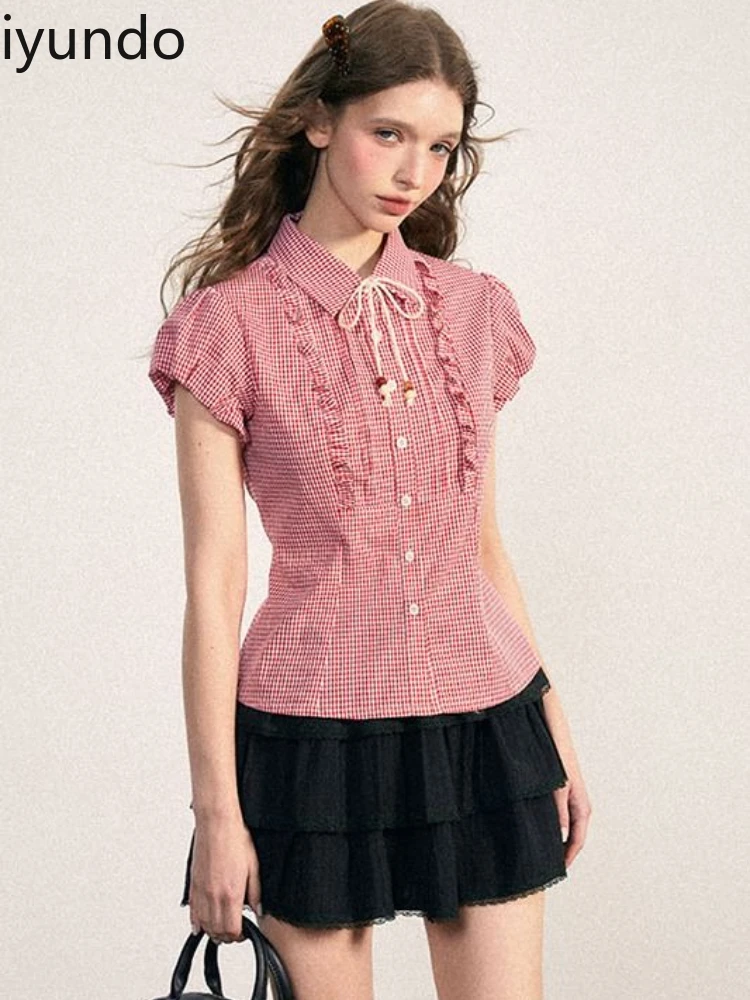 

Sweet Academy Women's Short Sleeve Polo Shirt - Summer Stylish Design Pink Checkered Short Youthful Look Blouse