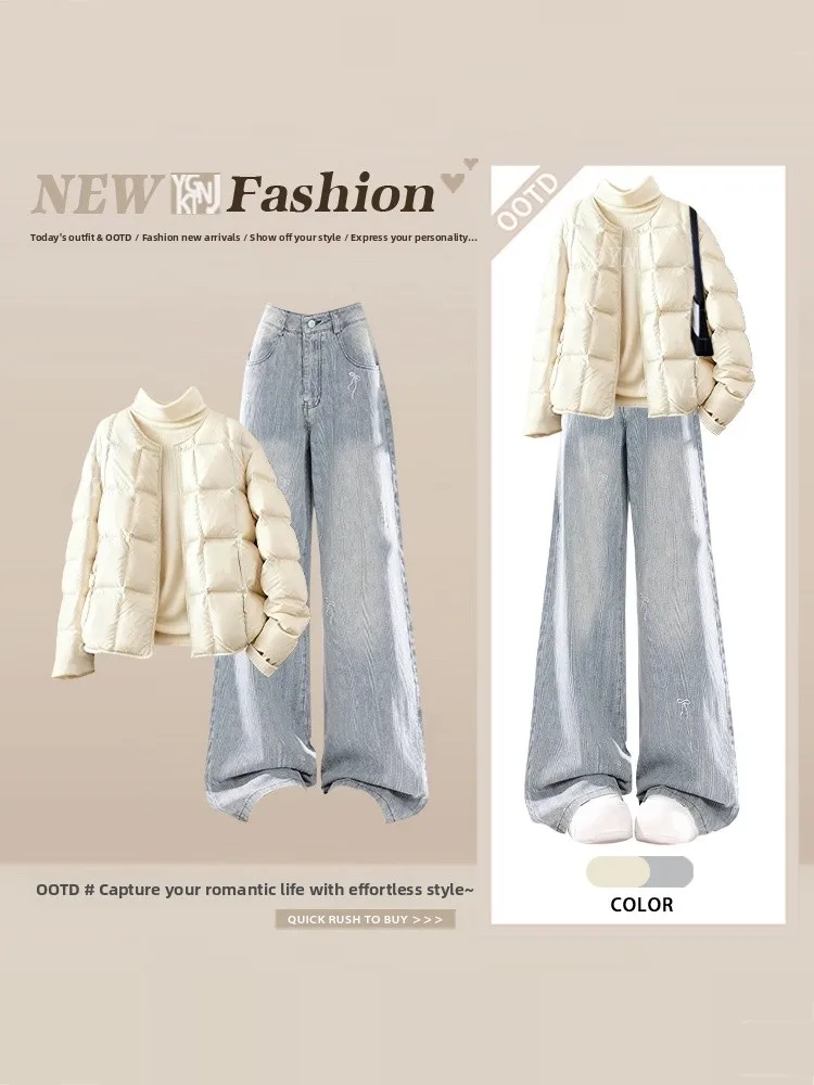 

Fall Winter Cotton Jaet Set Loose Diamond Pattern Wide Leg Jeans Simple Sle Tee Piece Women's Faion Casual Outfit