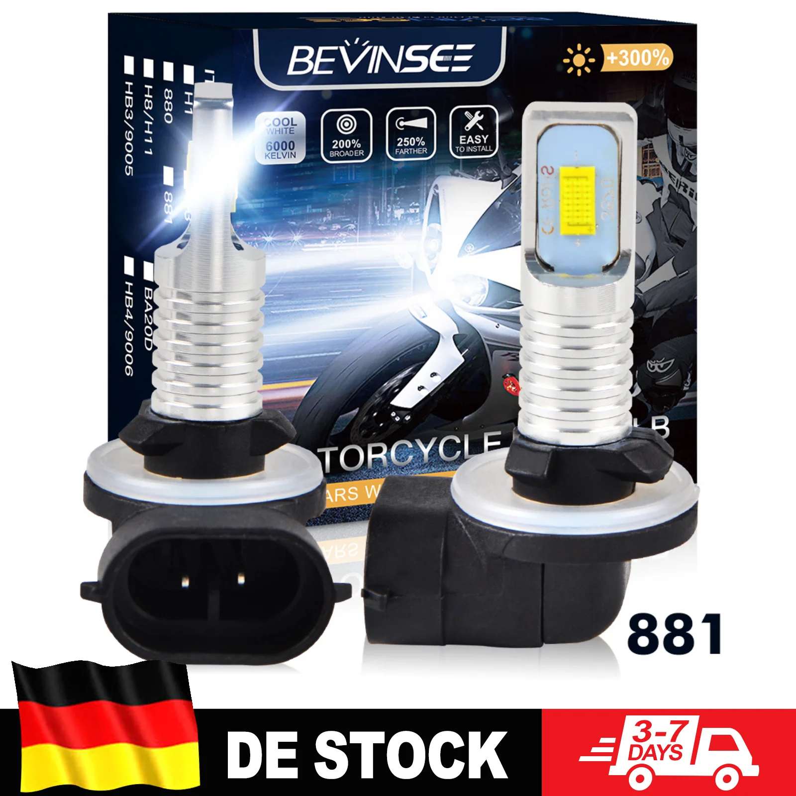 BEVINSEE 881 H27W/2 Lüfterlose LED-Lampe für Auto und Motorrad 6000K Weiß Kabellos Plug&Play LED-Nebelscheinwerfer für ATV UTV IP68 Wasserdicht