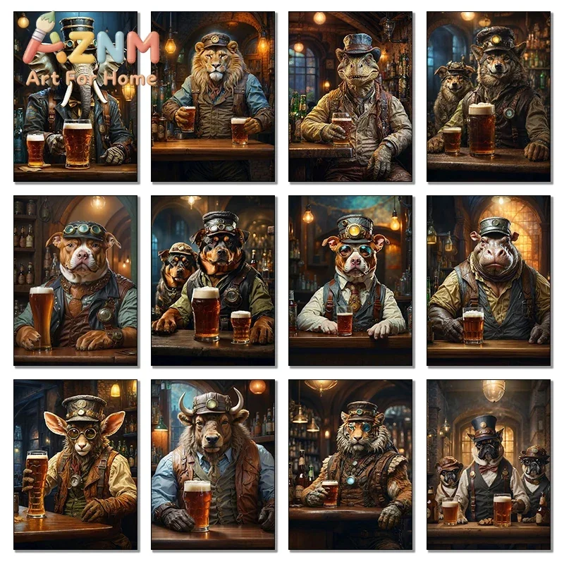 Vintage Bar Wild Animal Rhino Elephant Tiger Lion Beer Lovers Poster Canvas Paintings Wall Art HD Pictures Home Decor Frameless