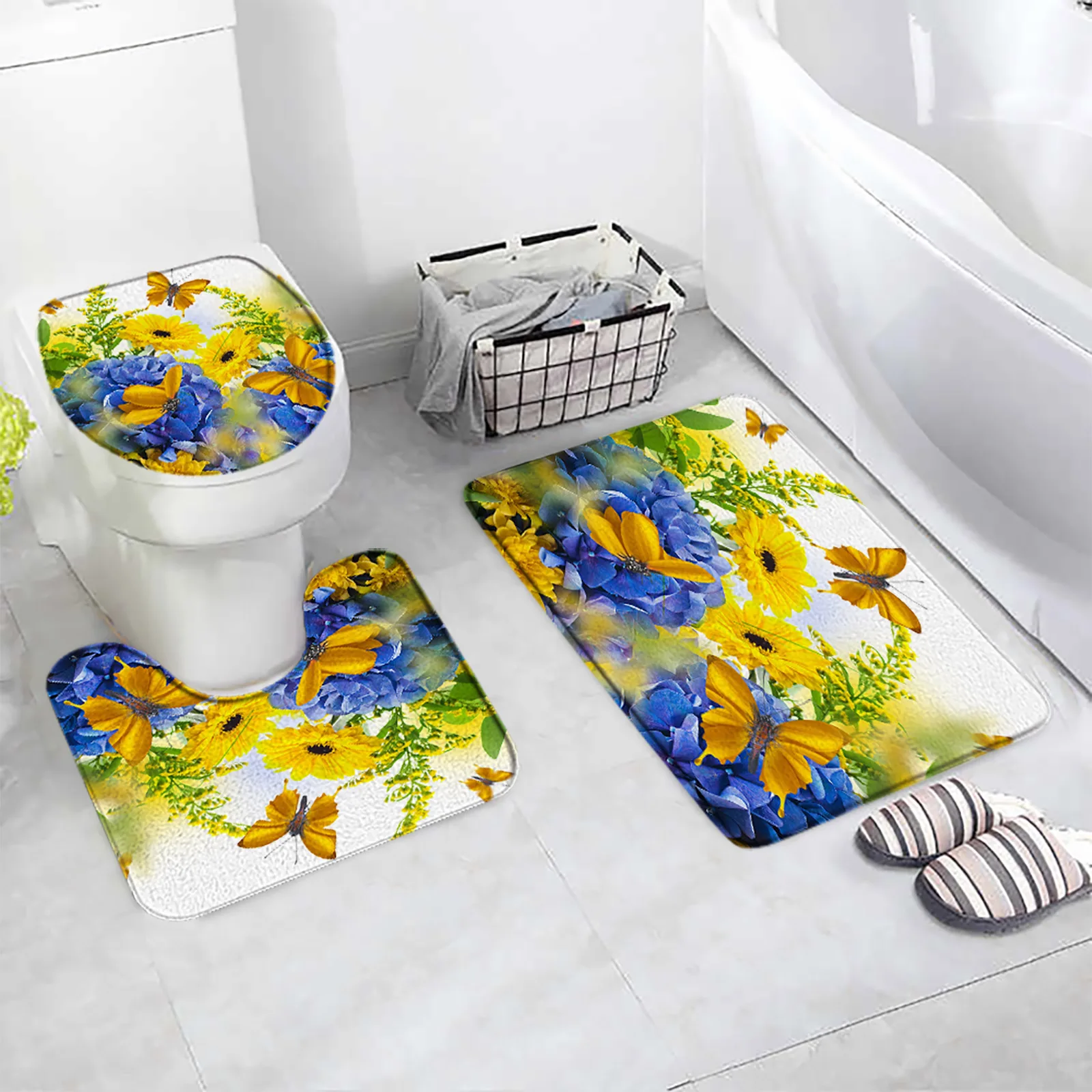 

Natural Flowers Bath Mat Set Blue Hydrangea Yellow Sunflower Butterfly Floral Plant Home Carpet Bathroom Decor Rugs Toilet Cover