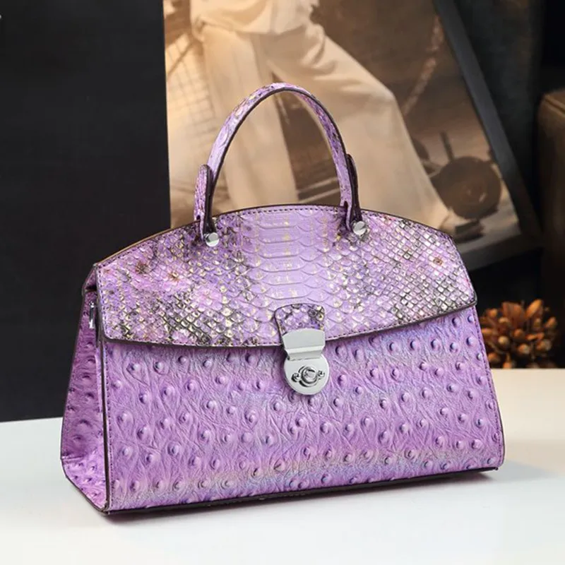 Ostrich Skin Leather Women's Bag 2024 New European And American Snake Print Retro Locking Single Shoulder Crossbody Handbags