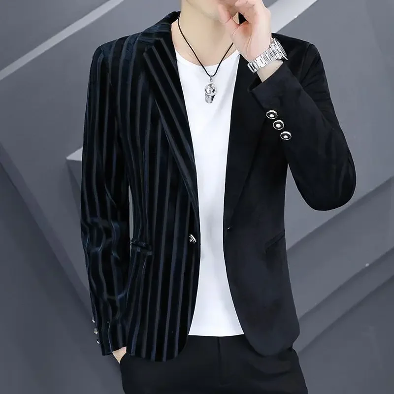 Cropped Blue Male Blazer Single Breasted Men\'s Suit Jackets Coat Short Menswear Casual Spring Clothes Classic Vintage Original