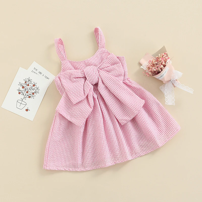 New Baby Girls Sleeveless Dress Front Bowknot Stripe Sling Summer Romper Princess Casual Jumpsuit 3 Months-3 Years