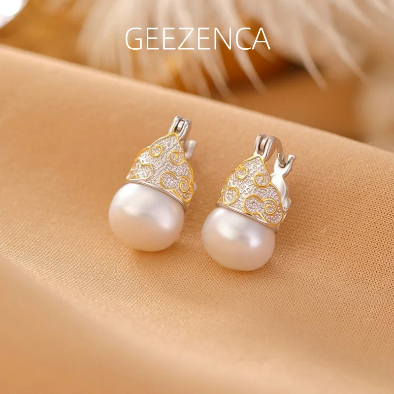 GEEZENCA Natural Pearl 925 Sterling Silver Two Tone Hoop Earrings For Women Minimalism Luxury Chic Small Earring 2024 New Gift