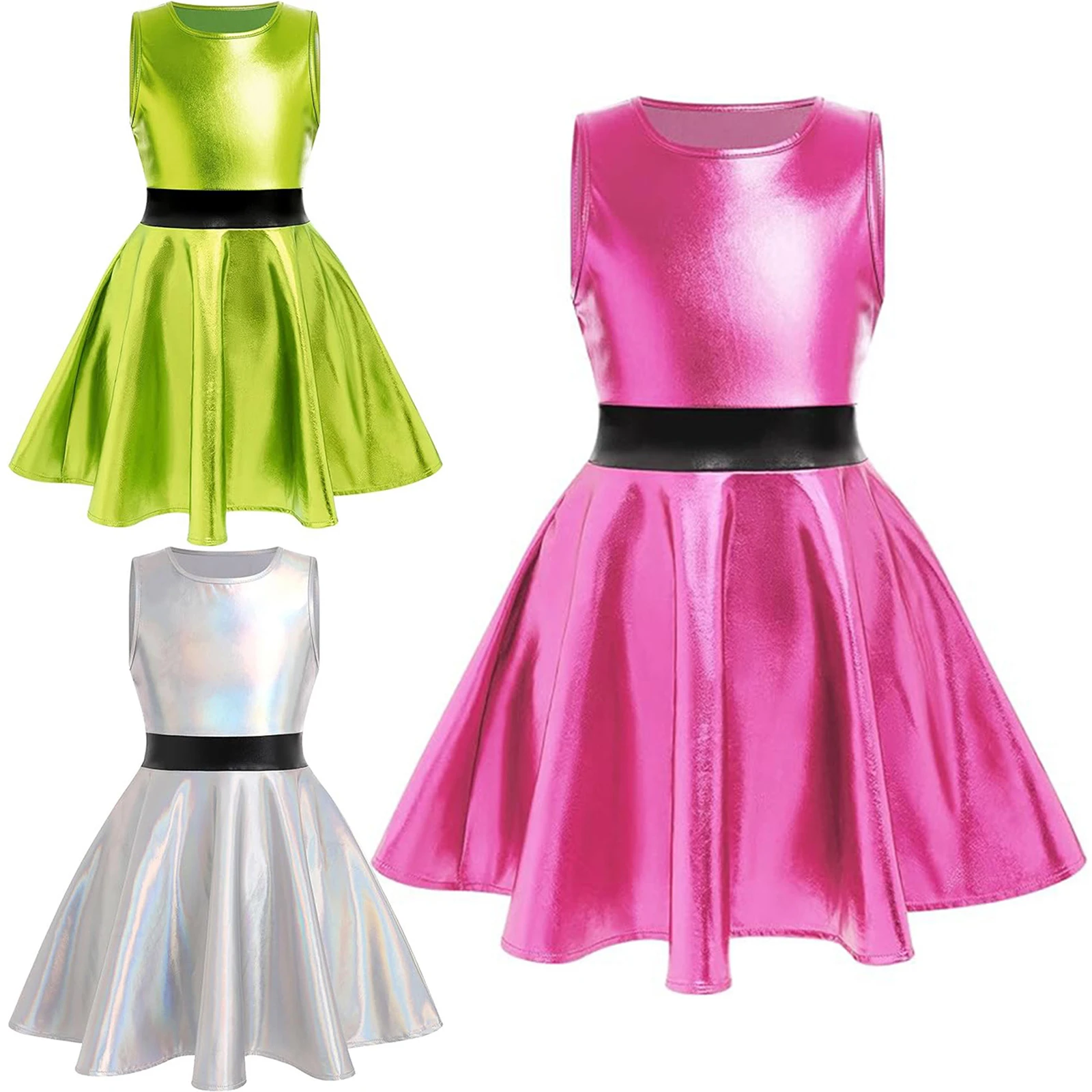 

Kids Girls Metallic Shiny Cosplay Dress Halloween Carnival Space Alien Theme Party Costume Sleeveless High Waist A-Line Dresses