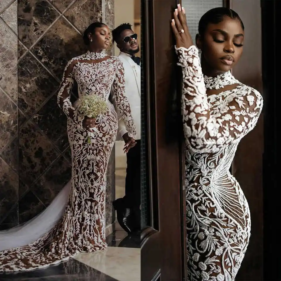 

Элегантное платье русалки Свадебные платья с высоким воротом и аппликациями Кружевные вечерние платья Платья для особых случаев Vestido De Noiva по индивидуальному заказу