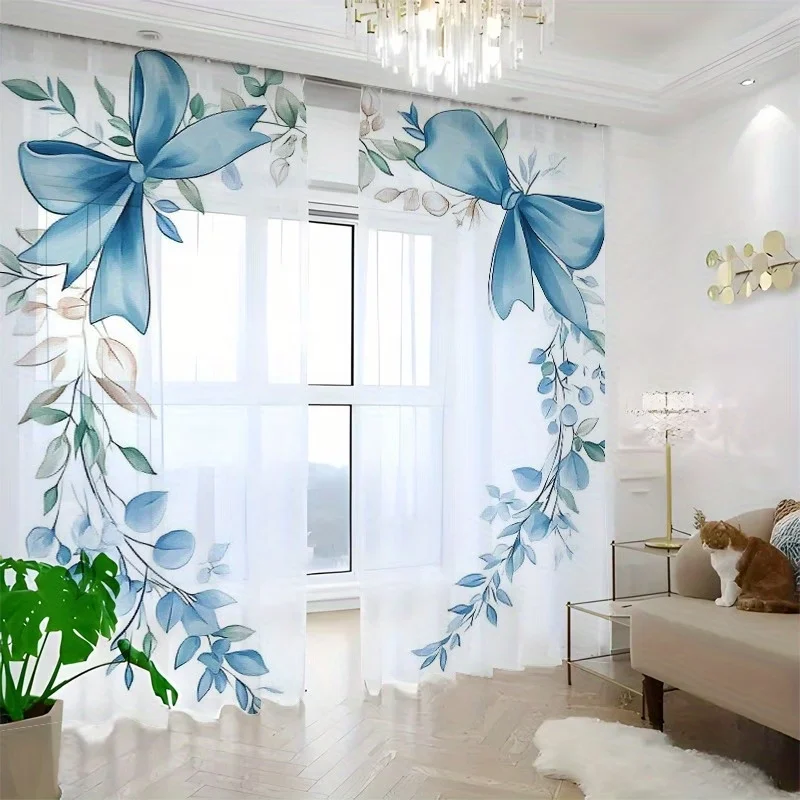 2PCS Digital Print Sheer Curtains, Bowknot Leaf Pattern, Sweet Cute Girlish Style for Girls Bedroom Living Room Window Decor