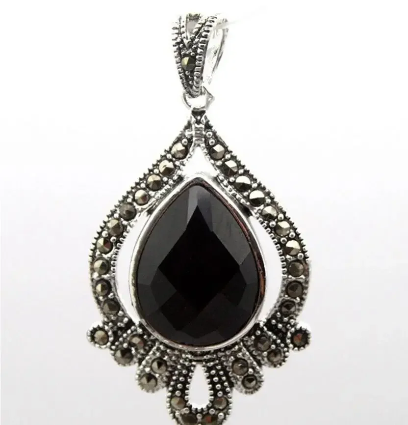 

Симпатичный граненый черный нефритовый кулон-капля из стерлингового серебра 925 пробы с марказитом 40*20 мм