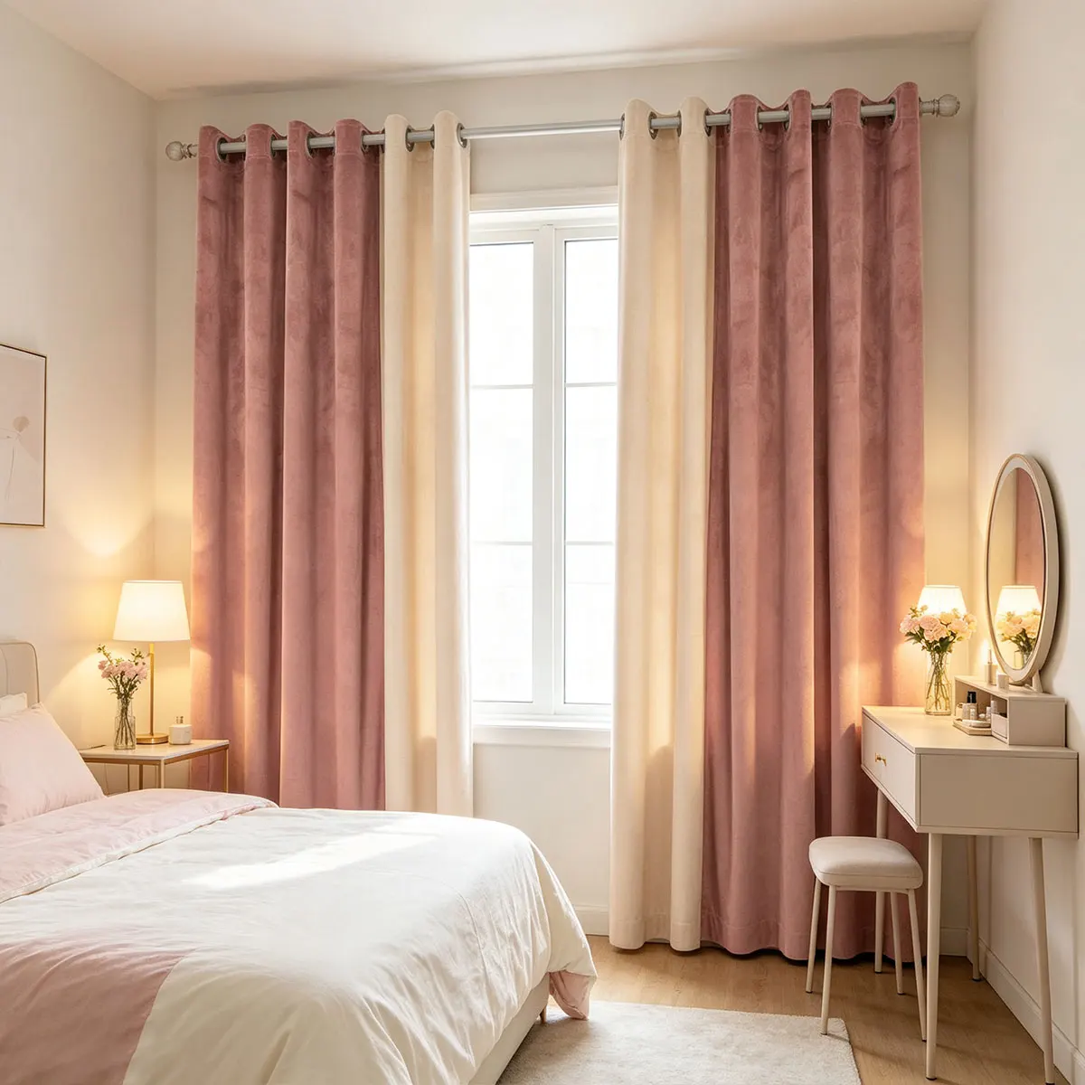 Dusty Pink & Cream Color‑Block Velvet Grommet Curtains 2pcs, Room Darkening Drapes for Bedroom Living Room Home Decor